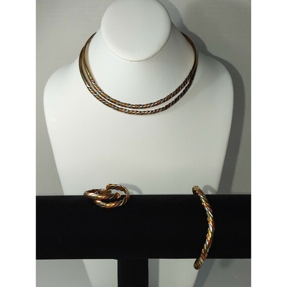 Artisan Mixed Metals Copper Brass Twisted Chokers Bracelet Earrings Set - Picture 1 of 10